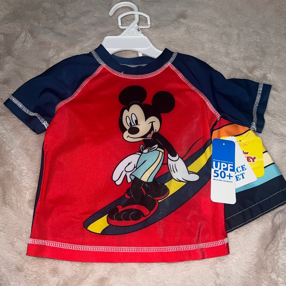 NWT Disney Mickey Mouse/Swim Rash Guard and Swim Trunks- 18M